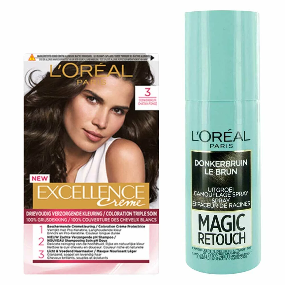 L'Oreal Lu0027Oréal Excellence Creme 3 Donkerbruin + Magic Retouch Uitgroeispray Bruin 75 Ml Pakket 1 L'Oreal Lu0027Oréal Excellence Creme 3 Donkerbruin + Magic Retouch Uitgroeispray Bruin 75 Ml Pakket